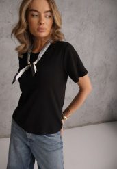 Czarny Bawełniany T-shirt Hillswor Ozdobiony Apaszką. Czarne t-shirty Renee, l, bez wzorów, z bawełny, bez kołnierzyka, bez ramiączek. Za 69.99 zł.