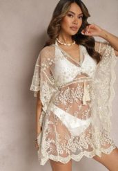 Beżowa Siateczkowa Tunika Narzutka z Haftowanym Wzorem i Chwostami Narifea. Brązowe tuniki Renee, na lato, l, bez wzorów, z materiału, boho, bez kołnierzyka, bez ramiączek. Za 89.99 zł.