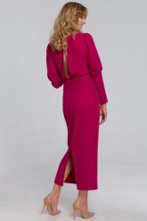 Elegancka sukienka z odkrytymi plecami i rozcięciem fiolet. Fioletowe sukienki Makover, na imprezę, l, bez wzorów, z elastanu, eleganckie, bez kołnierzyka, bez ramiączek, maxi, dopasowane. Za 449.00 zł.