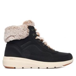 Trzewiki Skechers. Czarne botki Skechers, bez wzorów, bez obcasa, na płaskiej podeszwie, bez zapięcia. Za 379.99 zł.