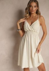 Beżowa Kopertowa Sukienka z Wiskozy Lilisena. Brązowe sukienki Renee, l, bez wzorów, z wiskozy, eleganckie, bez kołnierzyka, bez ramiączek, mini, kopertowe. Za 59.99 zł.