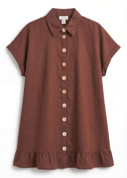 Długa bluzka oversize z mieszanki lnu. Brązowe bluzki bonprix, bez wzorów, z bawełny, bez kołnierzyka, bez ramiączek. Za 149.99 zł.