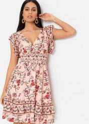 Sukienka z dżerseju z falbaną. Brązowe sukienki bonprix, bez wzorów, z dżerseju, bez kołnierzyka, bez ramiączek, mini. Za 169.99 zł.