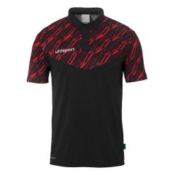 Polo Uhlsport Progressive 28. Czarne koszulki polo Uhlsport, bez wzorów, bez kołnierzyka, bez ramiączek. Za 177.50 zł.