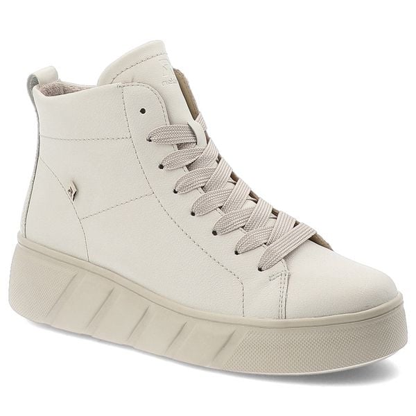 Białe Botki Rieker Modne Obuwie Damskie. Białe botki Rieker, bez wzorów, z materiału, bez obcasa, bez zapięcia. Za 335.99 zł.