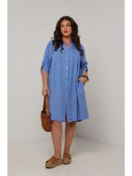 Curvy Lady Lniana sukienka w kolorze niebieskim rozmiar: 40/42. Niebieskie sukienki Curvy Lady, bez wzorów, ze lnu, klasyczne, bez kołnierzyka, bez ramiączek, midi. Za 167.28 zł.
