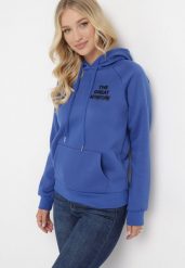 Granatowa Bluza z Kapturem i Nadrukiem Masunes. Niebieskie bluzy Born2be, l, bez wzorów, z polaru, z kapturem. Za 84.99 zł.