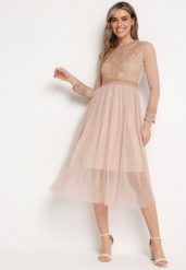 Beżowa Sukienka Phaerusa. Brązowe sukienki Born2be, m, z aplikacjami, z koronki, eleganckie, bez kołnierzyka, bez ramiączek, midi, rozkloszowane. Za 109.99 zł.