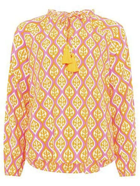 Zwillingsherz Bluzka w kolorze żółto-jasnoróżowym rozmiar: S/M. Różowe bluzki Zwillingsherz, m, z aplikacjami, z wiskozy, bez kołnierzyka, bez ramiączek. Za 82.44 zł.