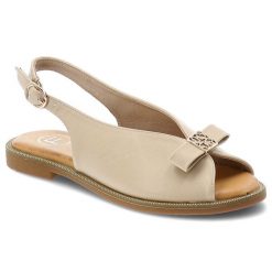 Sandały damskie Filippo, cholewka ze skóry ekologicznej zapinane na sprzączkę z elegancką kokardką, beżowe, DS7923/26. Brązowe sandały Filippo, bez wzorów, ze skóry ekologicznej, eleganckie, bez obcasa, na płaskiej podeszwie, bez zapięcia. Za 139.00 zł.