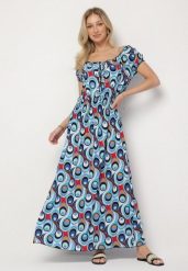 Niebieska Sukienka z Geometrycznym Wzorem i Hiszpańskim Dekoltem Tosile. Niebieskie sukienki Born2be, na co dzień, na lato, l, bez wzorów, eleganckie, bez kołnierzyka, bez ramiączek, maxi. Za 49.99 zł.