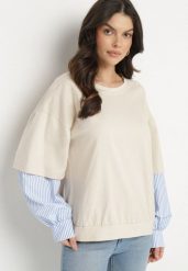 Beżowa Bluzka z Bawełny z Koszulowymi Rękawami w Paski Firselia. Brązowe bluzki Born2be, bez wzorów, z bawełny, eleganckie, bez kołnierzyka, bez ramiączek. W wyprzedaży za 84.99 zł.