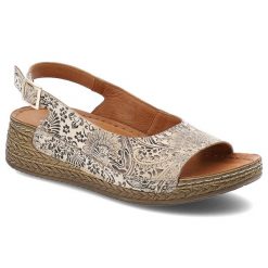 Sandały damskie Maciejka, skórzane we wzorki na platformie zapinane sprzączką, beżowe kwiatowe, L7069-04-00-1. Brązowe sandały Maciejka, bez wzorów, eleganckie, bez obcasa, na koturnie, bez zapięcia. Za 209.00 zł.