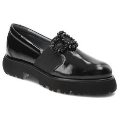 Czarne Mokasyny Armodo Eleganckie Buty Damskie. Czarne mokasyny Armodo, z aplikacjami, z lakierowanej skóry, bez obcasa. Za 424.99 zł.