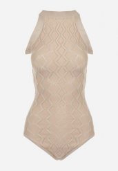 Beżowe Body z Wiskozy o Tłoczonej Fakturze Idolina. Brązowe body Born2be, s, bez wzorów, z jeansu. Za 119.99 zł.