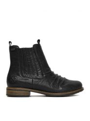 Rieker Botki 74855-00 Czarny. Czarne botki Rieker, bez wzorów, ze skóry, bez obcasa, na płaskiej podeszwie, bez zapięcia. Za 429.99 zł.
