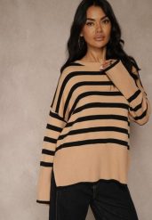 Beżowo-Czarny Sweter Oversize w Paski Kalitusa. Czarne swetry Renee, bez wzorów, z jeansu, bez ramiączek. Za 64.99 zł.