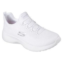 Buty do chodzenia damskie Skechers Dynamight. Białe obuwie sportowe Skechers, z materiału, bez zapięcia, trekkingowe. Za 361.00 zł.
