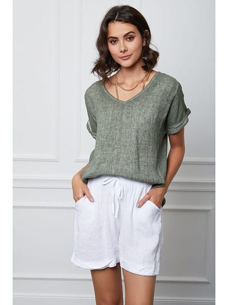 Fleur de Lin Lniana koszulka "Fabius" w kolorze khaki rozmiar: S. Brązowe bluzki Fleur de Lin, s, bez wzorów, ze lnu, bez kołnierzyka, bez ramiączek. Za 91.77 zł.