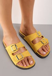 Żółte Klapki Dorinore. Żółte klapki Renee, bez wzorów, bez obcasa, na płaskiej podeszwie. Za 59.99 zł.