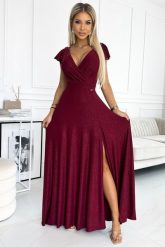 Wieczorowa Sukienka Maxi z Połyskiem - Bordowa. Czerwone sukienki Numoco, l, bez wzorów, z elastanu, wizytowe, bez kołnierzyka, bez ramiączek, maxi. Za 371.90 zł.