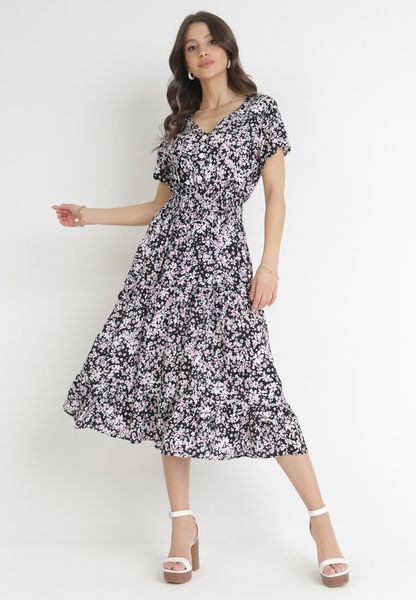 Czarna Bawełniana Sukienka w Kwiatki z Gumką w Talii i Guzikami Ronalika. Czarne sukienki Born2be, na co dzień, na lato, l, z aplikacjami, z bawełny, eleganckie, bez kołnierzyka, bez ramiączek, rozkloszowane. Za 49.99 zł.