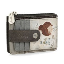 Etui na karty damskie Anekke, z efektownym nadrukiem i metalowym logo wyposażony w przegrodę na banknoty kieszeń na monety zamykaną na suwak oraz lic. Szare portfele Anekke, bez wzorów. Za 129.00 zł.