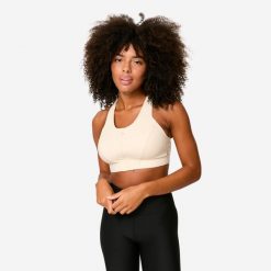 Stanik sportowy Decathlon zip. Brązowe koszulki sportowe DOMYOS, bez wzorów, z elastanu, bez ramiączek, na fitness i siłownię. Za 99.99 zł.
