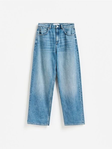 Jeansy straight z wysokim stanem - niebieski. Niebieskie jeansy Reserved, bez wzorów, z podwyższonym stanem. Za 149.99 zł.