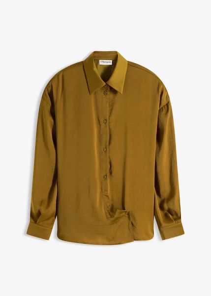 Bluzka koszulowa z lejącej satyny. Zielone bluzki bonprix, bez wzorów, z satyny, bez kołnierzyka, bez ramiączek. Za 149.99 zł.