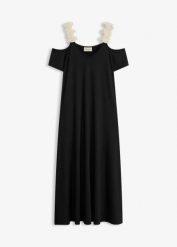 Sukienka z dżerseju z szydełkową koronką. Czarne sukienki bonprix, bez wzorów, z dżerseju, eleganckie, bez kołnierzyka, bez ramiączek. Za 79.99 zł.