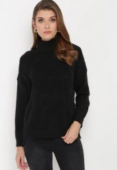 Czarny Golf ze Sweterkowej Dzianiny z Długimi Rękawami i Ściągaczami Saratte. Czarne golfy Born2be, bez wzorów, z dzianiny, bez ramiączek. Za 74.99 zł.