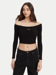 Guess Bluzka V5YP07 K8RT2 Czarny Regular Fit. Czarne bluzki Guess, s, z aplikacjami, z wiskozy, bez kołnierzyka, bez ramiączek. Za 119.99 zł.
