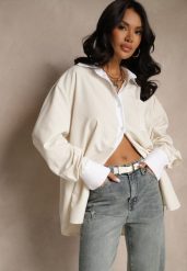Beżowa Wiskozowa Koszula Oversize z Kieszenią i Metalicznymi Aplikacjami Liseloria. Brązowe koszule Renee, s, z aplikacjami, z jeansu, eleganckie, bez kołnierzyka, bez ramiączek. Za 99.99 zł.
