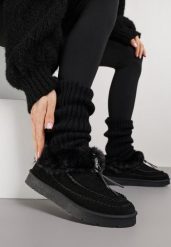 Czarne Śniegowce na Platformie Ozdobione Haftem i Futerkiem Linedis. Czarne trapery i śniegowce Renee, z futra. Za 99.99 zł.