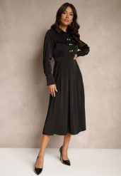 Czarna Koszulowa Sukienka o Rozkloszowanym Kroju z Gumką w Pasie i Imitacją Kieszeni Etaviela. Czarne sukienki Renee, na co dzień, l, bez wzorów, eleganckie, bez kołnierzyka, bez ramiączek, midi, kopertowe. Za 149.99 zł.