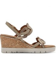 Tamaris Sandały w kolorze złoto-jasnobrązowym na koturnie rozmiar: 40. Brązowe sandały Tamaris, bez wzorów, z otwartym noskiem, bez obcasa, na koturnie, bez zapięcia. Za 155.88 zł.