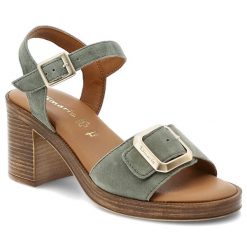 Sandały damskie Tamaris, skóra naturalna zamszowa regulowane paski z klamrami stabilny drewnopodobny obcas wygodna wyprofilowana wkładka, zielone, 1-. Zielone sandały Tamaris, bez wzorów, ze skóry, bez obcasa, na obcasie, bez zapięcia. Za 359.00 zł.