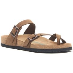 Comfortfusse Skórzane japonki w kolorze jasnobrązowym rozmiar: 39. Brązowe klapki Comfortfüße, bez wzorów, z nubiku, z otwartym noskiem, bez obcasa. Za 219.60 zł.