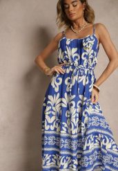 Niebieska Rozkloszowana Sukienka z Wiskozy Zdobiona Broszką i Wiązaniem Marionela. Niebieskie sukienki Renee, na co dzień, l, z aplikacjami, z wiskozy, eleganckie, bez kołnierzyka, bez ramiączek, midi, rozkloszowane. Za 54.99 zł.