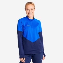 Bluza do piłki nożnej damska Kipsta Viralto. Niebieskie bluzy KIPSTA, l, bez wzorów, z elastanu, bez kaptura. Za 109.99 zł.