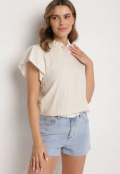 Jasnobeżowa Bluzka z Wiskozą Ozdobiona Falbankami Emoti. Brązowe bluzki Born2be, uniwersalny, bez wzorów, z jeansu, eleganckie, bez kołnierzyka, bez ramiączek. W wyprzedaży za 59.49 zł.
