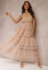 Beżowa Sukienka Koktajlowa z Koronkową Górą i Rozkloszowanym Tiulowym Dołem Venisa. Brązowe sukienki Renee, na imprezę, m, bez wzorów, z koronki, eleganckie, bez kołnierzyka, bez ramiączek, maxi, rozkloszowane. Za 174.99 zł.