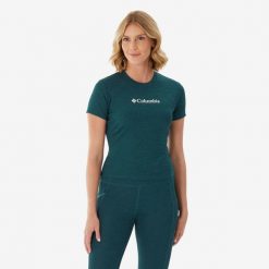 Koszulka turystyczna damska Columbia Zero Move SS Tee Everblue. Bluzki Columbia, s, bez wzorów, z materiału, sportowe, bez kołnierzyka, bez ramiączek. Za 129.99 zł.