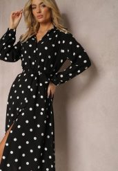 Czarna Wiskozowa Sukienka o Koszulowym Fasonie w Kropki z Paskiem i Kieszeniami Liliea. Czarne sukienki Renee, na spotkanie biznesowe, l, bez wzorów, z wiskozy, eleganckie, bez kołnierzyka, bez ramiączek, koszulowe. Za 109.99 zł.