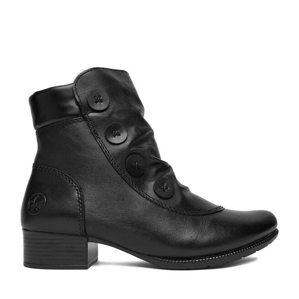 Botki Rieker. Czarne botki Rieker, bez wzorów, bez obcasa, na słupku, bez zapięcia. Za 289.99 zł.