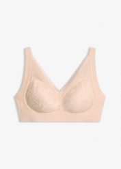 Biustonosz Feel Comfort z wypełnieniem i wycięciami laserowymi, bez fiszbinów. Czerwone biustonosze bonprix, bez wzorów, z koronki. Za 32.99 zł.