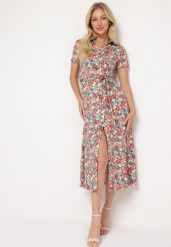 Czerwono-Zielona Koszulowa Sukienka z Krótkim Rękawem i Wiskozą na Guziki z Materiałowym Paskiem Dimiata. Czerwone sukienki Born2be, na spotkanie biznesowe, l, bez wzorów, z materiału, klasyczne, bez kołnierzyka, bez ramiączek, midi, koszulowe. Za 169.99 zł.