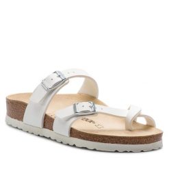 Japonki Birkenstock. Białe klapki Birkenstock, bez wzorów, bez obcasa. Za 279.99 zł.