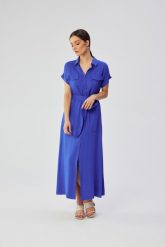 Niebieska Długa Sukienka Rozpinana z Krótkim Rękawem. Niebieskie sukienki MOE, l, bez wzorów, z materiału, bez kołnierzyka, bez ramiączek, maxi. Za 382.90 zł.